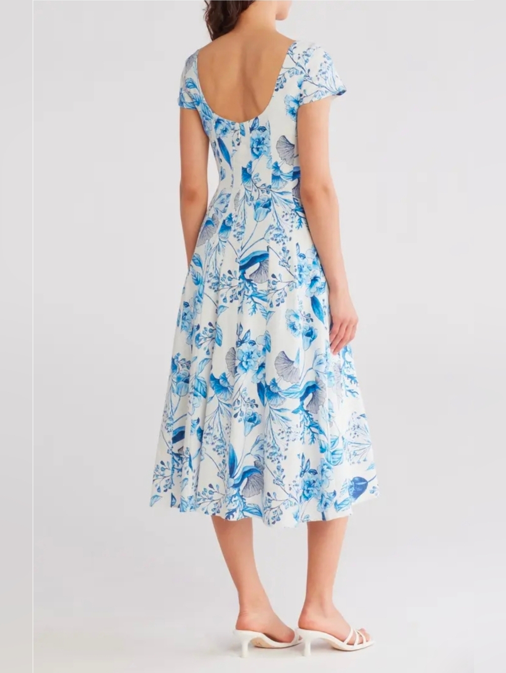 Avec Les Filles Blue and White Floral Square-Neck Midi Dress Fit & Flare 10/M